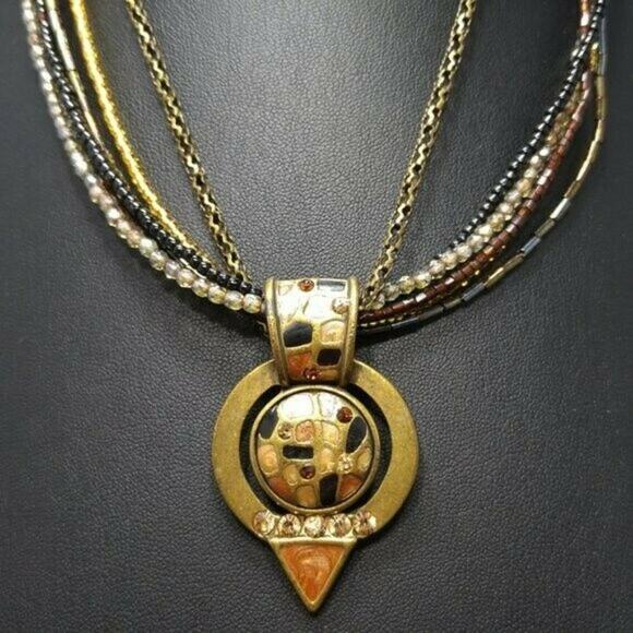 Chico’s Multi Strand Seed Bead Necklace Enamel Rhinestone Pendant Bronze Tone - Picture 5 of 12